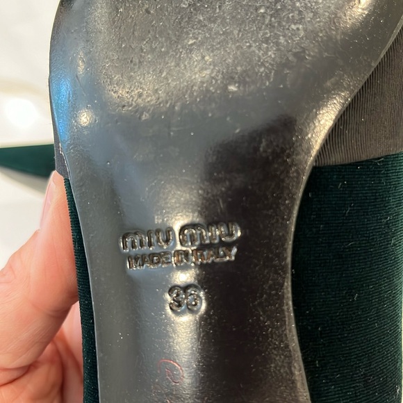 EUC Miu Miu flat dark green velvet shoes w black ribbon toe and gemstone heels - Picture 8 of 10